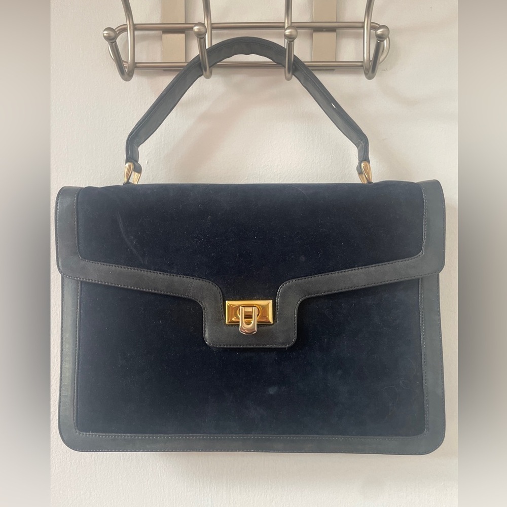 Zenith Handmade Vintage 50s Navy Blue Velvet Bag Purse Gold Turnlock Top Handle